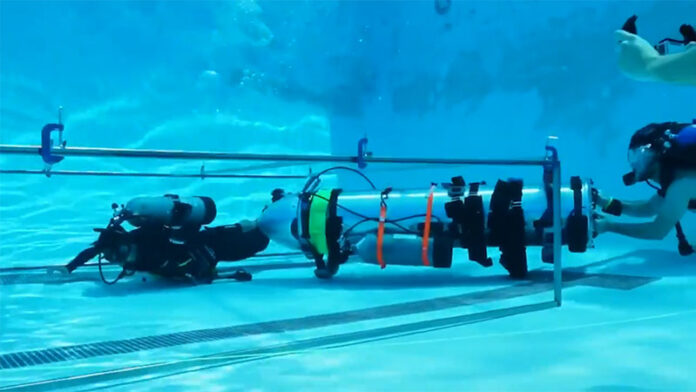 Elon Musk’s mini-submarine being tested in a pool in Los Angeles, California. Photo: @Elonmusk / Twitter