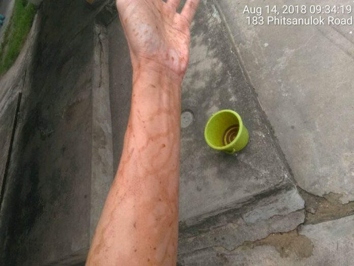 Ekachai Hongkangwan shows his arm covered in pla ra, or fermented fish, on Tuesday. Image: Ekachai Hongkangwan / Facebook