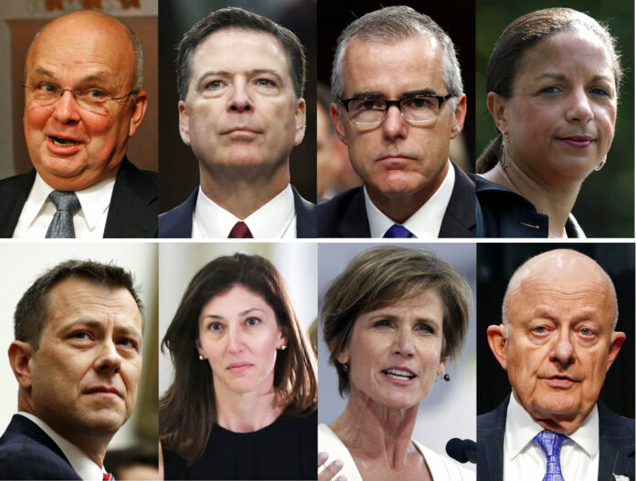 These file photos, top row from left are former CIA Director Michael Hayden, former FBI Director James Comey, former acting FBI director Andrew McCabe and former national security adviser Susan Rice. Bottom row from left are former FBI Deputy Assistant Director Peter Strzok, former Deputy Attorney General Sally Yates and former National Intelligence Director James Clapper. Photos: Associated Press