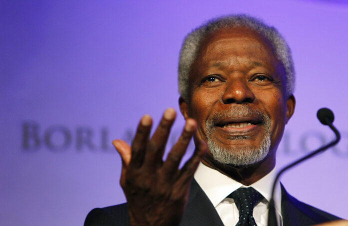 FILE - In this Thursday, Oct. 14, 2010 file photo former United Nations Secretary-General Kofi Annan speaks at the World Food Prize Symposium in Des Moines, Iowa. Photo: Charlie Neibergall / Associated Press