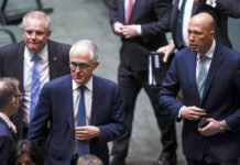 Australia Considers Moving Embassy to Jerusalem Australian Federal Treasurer Scott Morrison, second left, Prime Minister Malcolm Turnbull, center, and former Home Affairs Minister Peter Dutton, right, leave the chamber at Parliament House in August in Canberra. Photo: Lukas Coch / Associated Press