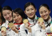 Japanese Teenager Ikee Wins 5th Gold Medal at Asian Games Japan's women's 4x100m medley relay team celebrate their gold medal during swimming competition at the 18th Asian Games on Thursday in Jakarta, Indonesia. Photo: Bernat Armangue / Associated Press