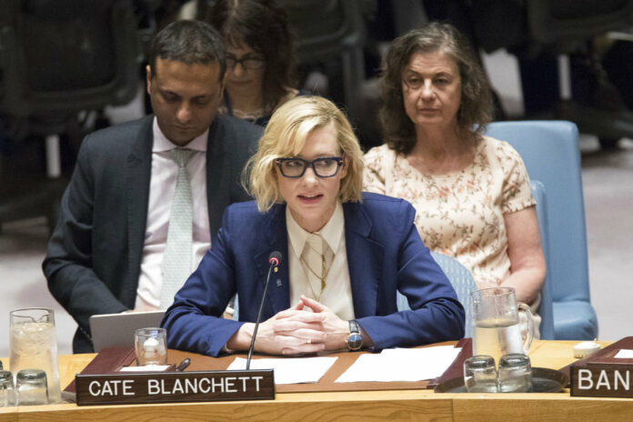 United Nations High Commissioner for Refugees Goodwill Ambassador Cate Blanchett during a Security Council meeting on the situation in the Myanmar, Tuesday, Aug. 28, 2018 at United Nations headquarters. Photo: Mary Altaffer / Associated Press