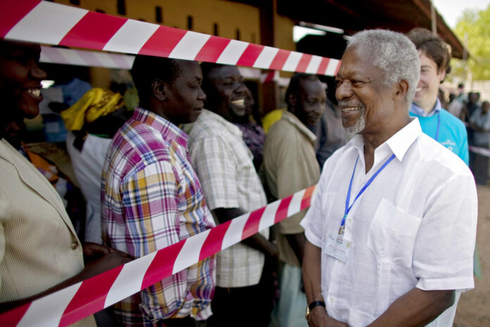 Former United Nations Secretary-General Kofi Annan, visits a independence referendum polling center on Jan. 9, 2011, in the southern Sudanese city of Juba. Photo: Pete Muller / Associated Press