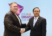 Pompeo Calls on Myanmar to Release 2 Reuters Reporters U.S. Secretary of State Mike Pompeo, at left, meets Myanmar's Minister of State for Foreign Affairs U Kyaw Tin on the sidelines of the 51st ASEAN Foreign Ministers Meeting on Saturday in Singapore. Photo: Joseph Nair / Associated Press