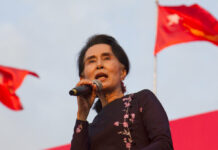 EU Slaps Sanctions on 7 Myanmar Army, Border Officials Myanmar opposition leader Aung San Suu Kyi speaks in 2015 during an election campaign rally of her National League for Democracy party for upcoming general election in Yangon, Myanmar. Photo: Khin Maung Win / Associated Press