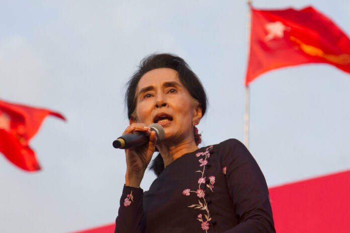 Myanmar opposition leader Aung San Suu Kyi speaks in 2015 during an election campaign rally of her National League for Democracy party for upcoming general election in Yangon, Myanmar. Photo: Khin Maung Win / Associated Press