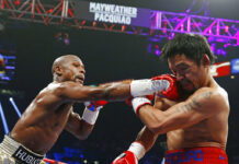 On Again? Mayweather Says He and Pacquiao Will Fight Floyd Mayweather Jr., left, connects with a right to the head of Manny Pacquiao, from the Philippines, during their welterweight title fight in 2015 in Las Vegas, Nevada. Photo: John Locher / Associated Press
