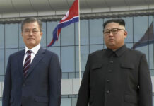 2nd Trump-Kim Summit Crucial Moment for Moon’s Presidency In this image made from video provided by Korea Broadcasting System (KBS), South Korean President Moon Jae-in, left, poses with North Korean leader Kim Jong Un for a photo on the podium upon arrival in September in Pyongyang, North Korea. Image: Associated Press