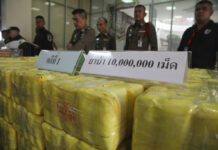 Police Show off Seizures of Meth, Heroin, Marijuana Policemen stand in front of seized methamphetamine pills at the Narcotics Suppression Bureau during a Tuesday press conference in Bangkok. Photo: Associated Press