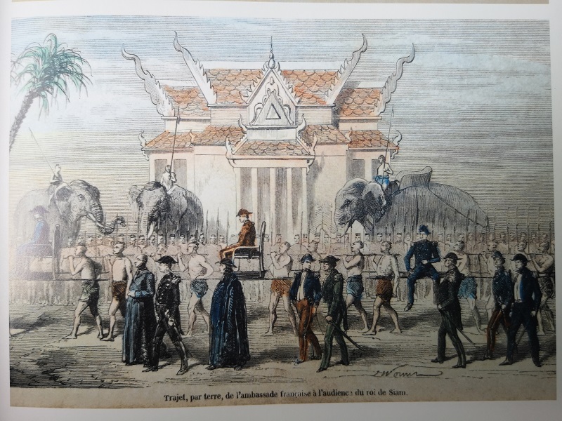 An old print shows the French mission travelling to seek an audience with King Rama IV in 1857.
