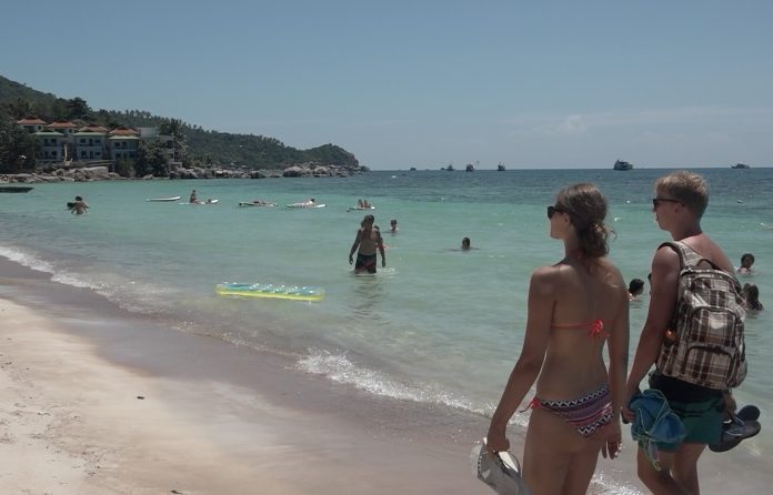 Tourists on Sairee Beach, Koh Tao, on September 1, 2018.
