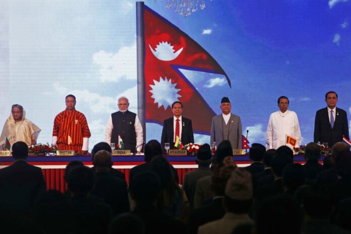 Standing left to right are Bangladesh Prime Minister Sheikh Hasina, Chief Justice and Chief Advisor of the interim government of Bhutan Dasho Tshering Wangchuk, Indian Prime Minister Narendra Modi, Myanmar's president Win Myint, Nepal's Prime Minister Khadga Prasad Sharma Oli, Sri Lankan President Maithripala Sirisena, Thailand's Prime Minister Prayuth Chan-o-cha on Thursday at the Bay of Bengal Initiative for Multi-Sectoral Technical and Economic Cooperation on summit in Kathmandu, Nepal. Photo: Navesh Chitrakar / Reuters via AP
