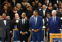 At Franklin’s Funeral, a Call to Respect Black America Louis Farrakhan, from left, Rev. Al Sharpton, Rev. Jesse Jackson and former President Bill Clinton attend the Friday funeral service for Aretha Franklin at Greater Grace Temple. Photo: Paul Sancya / Associated Press