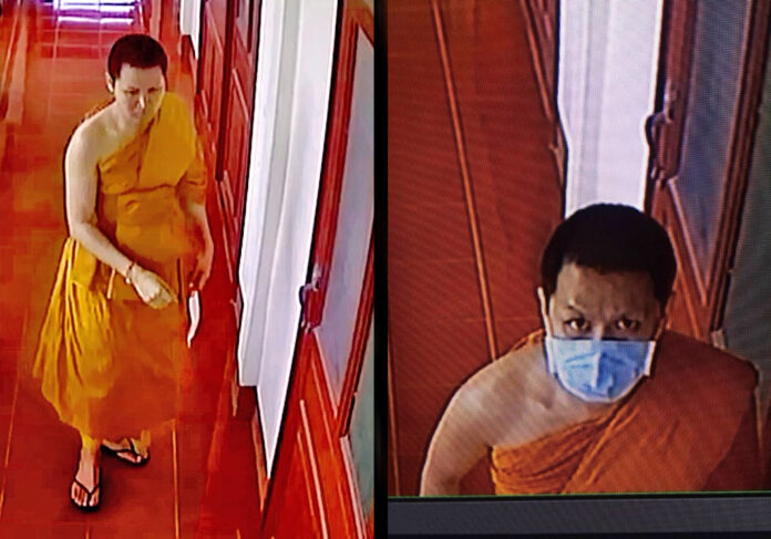 A Chiang Mai temple burglar police identified as Panupong Lakornsri, who has been a monk for most of his life, in still images taken from a security camera.