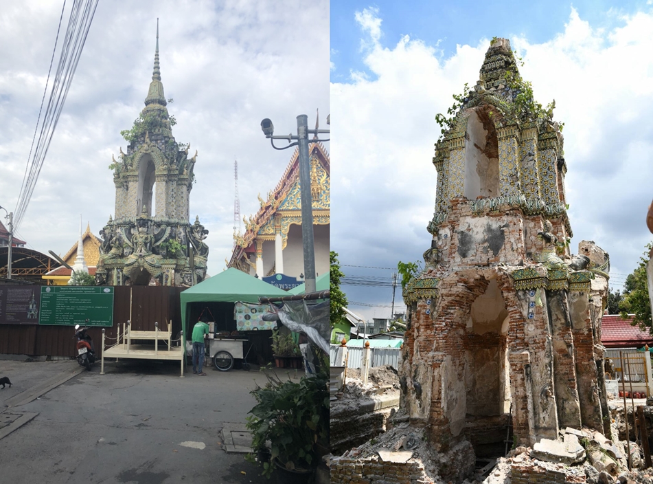 An image shows the bell tower at a Bangkok temple before and after it collapsed on Tuesday.