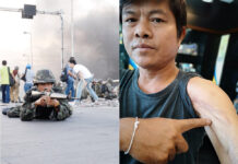 Decade-Long Fight for Justice Costs Injured Man Deeply At left, a soldier aims his rifle at Redshirt protesters on April 14, 2009, from an overpass in Bangkok. At right, a recent photo of Sawai Thongom displaying the gunshot wound that left him without use of his hand.