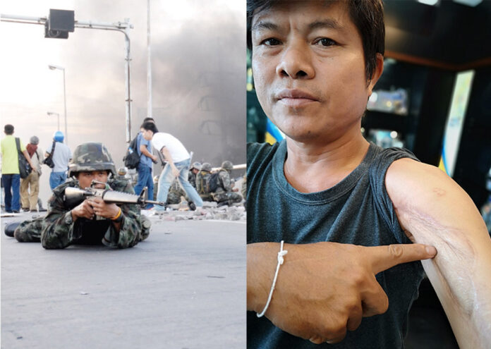 At left, a soldier aims his rifle at Redshirt protesters on April 14, 2009, from an overpass in Bangkok. At right, a recent photo of Sawai Thongom displaying the gunshot wound that left him without use of his hand.