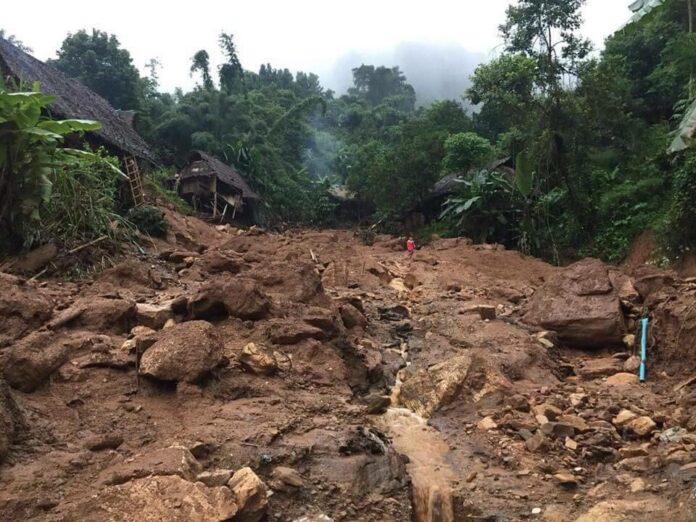 A landslide devastated the Ban Mae La Oon refugee camp in Mae Hong Son province in a photo provided Monday by the authorities. A landslide devastated the Ban Mae La Oon refugee camp in Mae Hong Son province in a photo provided Monday by the authorities.