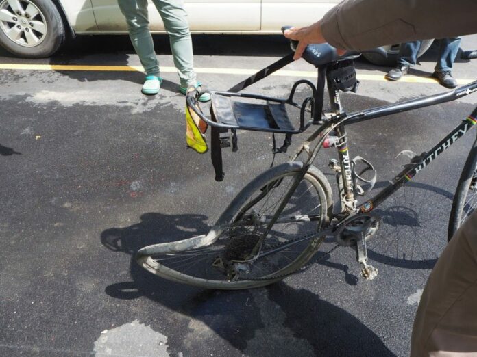 A bicycle that belonged to Filipino cyclist Russel Perez who died from hit-and-run crash in Chachoengsao.