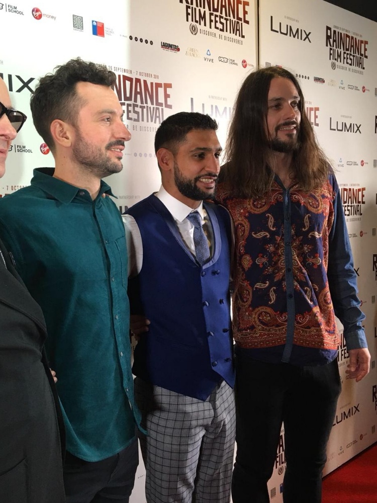 From left: Blair MacDonald, Amir Khan and Oliver Clark pose Saturday evening at the premiere of "Team Khan" at the Raindance Film Festival in London, England. Photo: Suraj Karmacharya / Courtesy