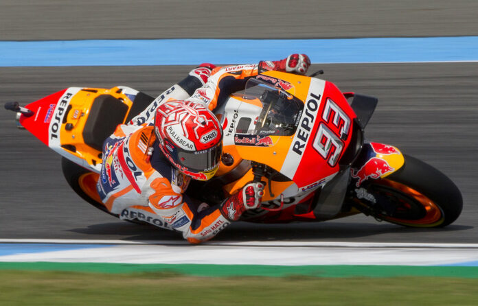 Spain's rider Marc Marquez of the Repsol Honda Team rides Oct. 6 during Thailand's inaugural MotoGP qualifying at the Chang International Circuit in Buriram. Photo: Gemunu Amarasinghe / Associated Press