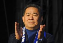 Data Recorder Recovered From Vichai’s Helicopter Leicester City chairman Vichai Srivaddhanaprabha applaud fans in 2016 at Victoria Park, Leicester, England, during their victory parade to celebrate winning the English Premier league. Photo: Rui Vieira / Associated Press