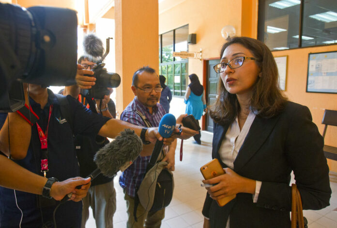 Sangeet Kaur Deo, lawyer for British woman Samantha Jones, speaks to the media after a court hearing at Langkawi Magistrate court Tuesday in Langkawi, Malaysia. Photo Yam G-Jun / Associated Press