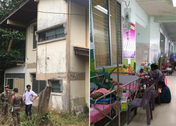 Left: A doctor speaks to police officers Aug. 17 at his hospital home after a break-in. Right: In this undated photo, patient lie in beds along a hallway at a hospital in Tak province. Photo: Nicky Somsai / Facebook