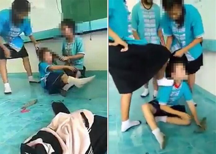 These images from video show a young school girl being assaulted. Image: Seksan Mahayot / Facebook