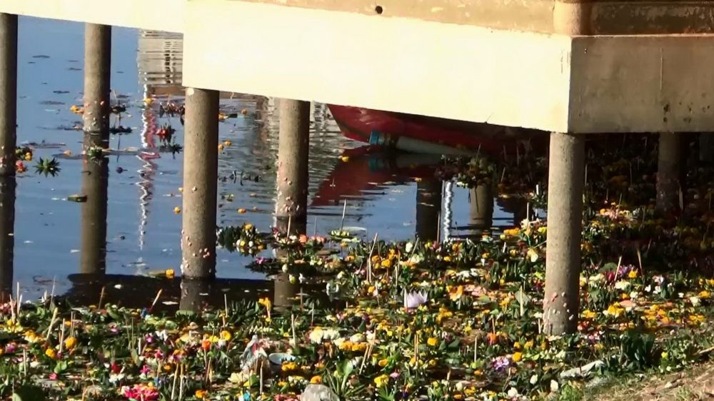 Krathongs washed up under a pier in Ubon Ratchathani province.