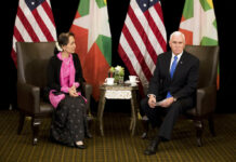 Pence Says Myanmar’s Handling of Rohingya ‘Without Excuse’ U.S. Vice President Mike Pence, right, meets Myanmar leader Aung San Suu Kyi on Wednesday in Singapore. Photo: Bernat Armangue / Associated Press