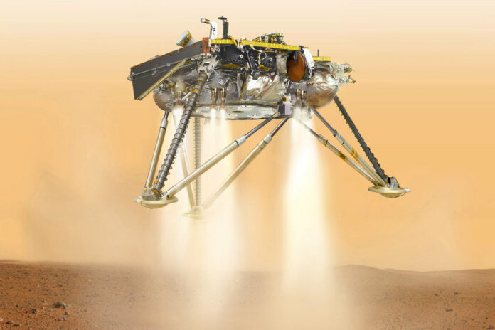 This illustration made available by NASA in October 2016 shows an illustration of NASA's InSight lander about to land on the surface of Mars. Image: NASA