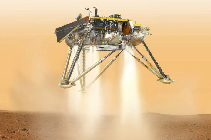 This illustration made available by NASA in October 2016 shows an illustration of NASA's InSight lander about to land on the surface of Mars. Image: NASA This illustration made available by NASA in October 2016 shows an illustration of NASA's InSight lander about to land on the surface of Mars. Image: NASA