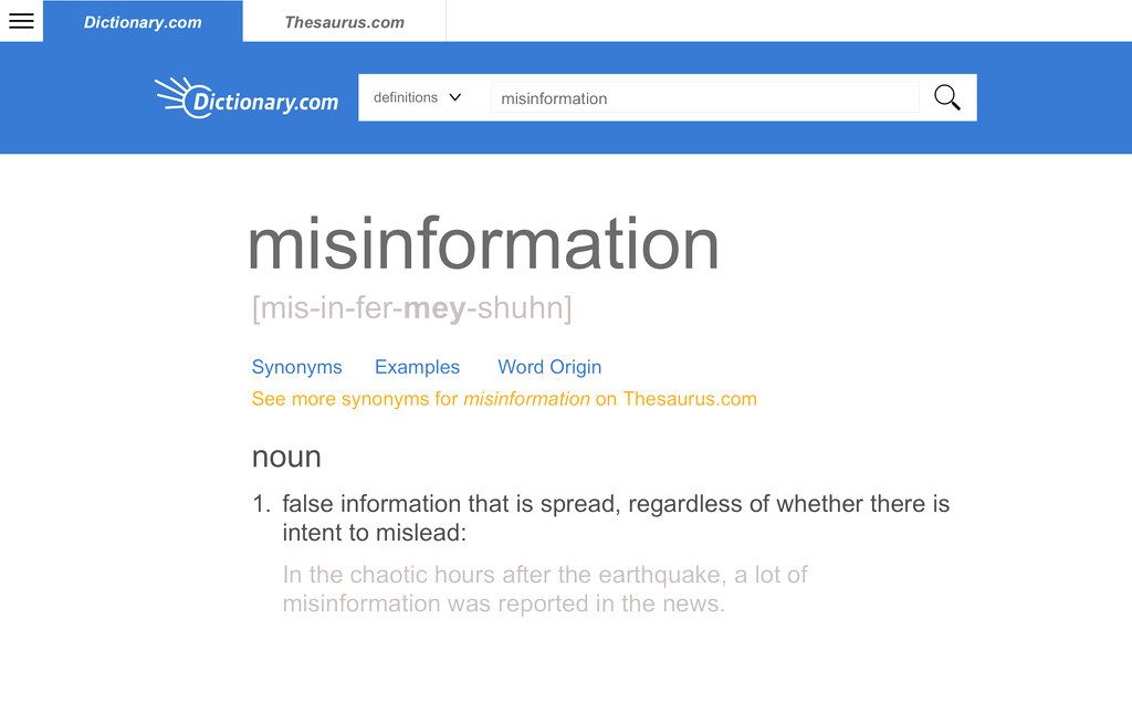 This screen image released by Dictionary.com shows an entry for the word misinformation, which Dictionary.com announced as its 2018 Word of the Year. Image: Dictionary.com