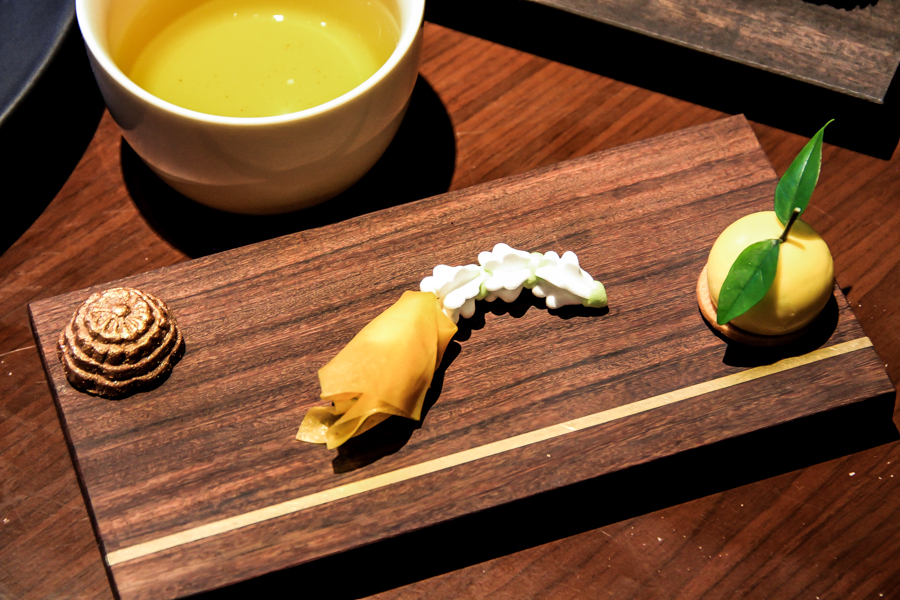 Saawaan’s petit fours: from left, a durian chocolate, a mango sheet with a passionfruit filling; a magnolia meringue and a sour orange mousse. 