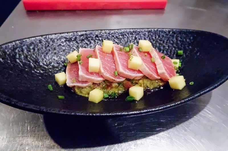 Tuna tataki with guacamole, mango and ponzu sauce (260 baht).