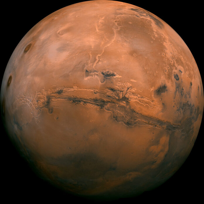 Mars in a composite photo created from over 100 images of the planet taken by Viking Orbiters in the 1970s. Image: NASA