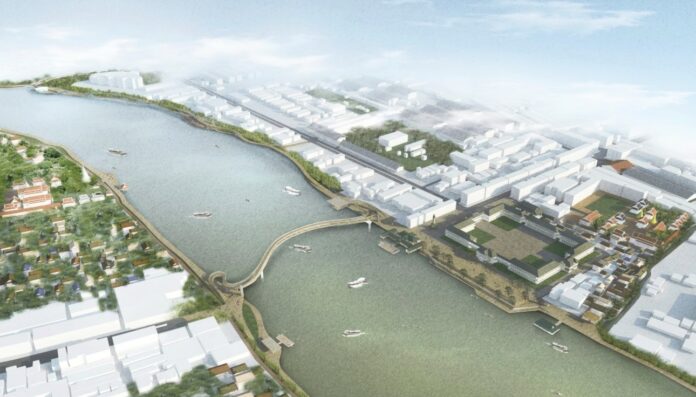 A rendering shows a proposed pedestrian lane and bridge along the Chao Phraya River in Bangkok.