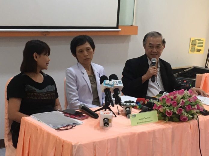 Rama II Hospital Director Wallapha Chaiyamanowong, at center, sits Monday for a news conference. At right is Peera Kananuwat, another hospital executive.