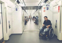 Disabled Commuters Sue Bangkok’s MRT For 16.8M Baht Manit Inpim of Transportation for All on the MRT Purple Line in August 2016. Photo: Accessibility is Freedom / Courtesy