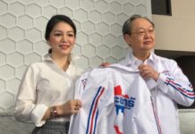 150+ Politicos Defect to New Pro-Junta Party Watanya Wongopasi, or "Madam Dear," left, accepts a party jacket Friday as she joins the Palang Pracharat party. Photo: Matichon
