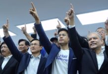 Offshoot Parties Best Way to Win More Seats: Former Elections Chief Pheu Thai Old Guards including Chaturon Chaisaeng and Nattawut Saikua pose after registering Monday with the Thai Raksa Chart Party. Photo: Thai Raksa Chart