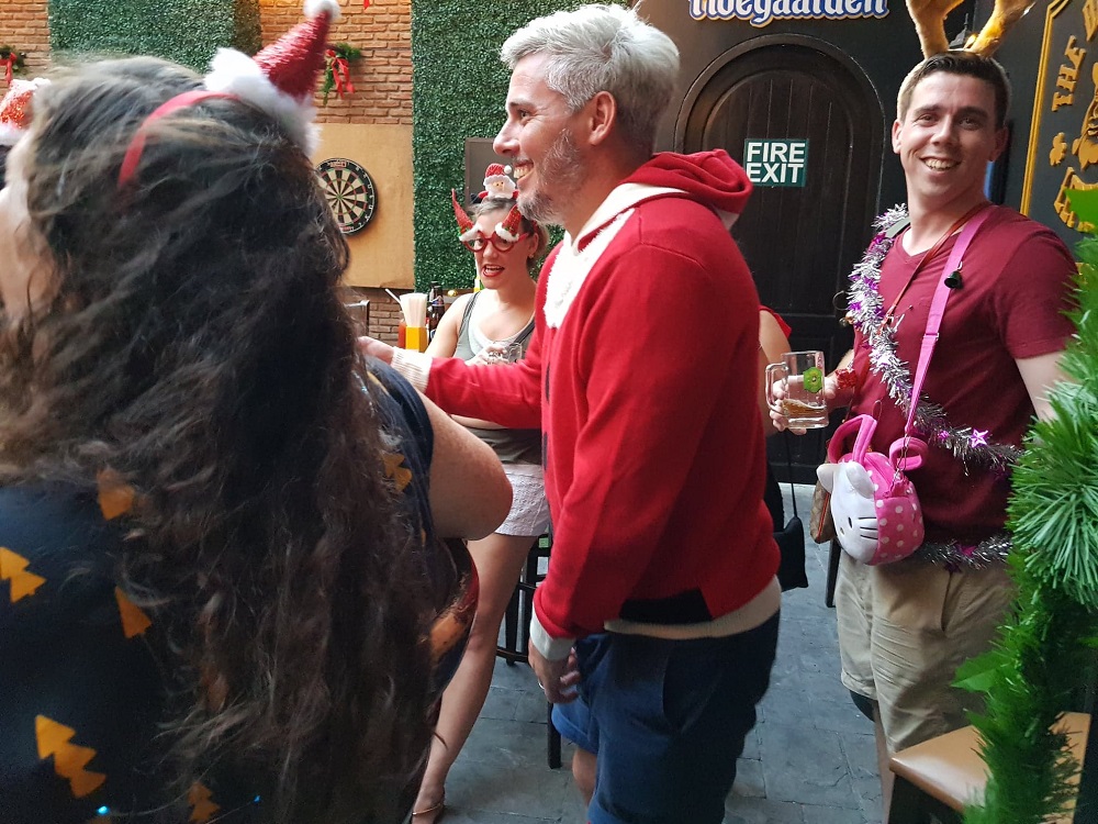 Shane O’Mahony, left, and James Donnellan stand at the Drunken Leprechaun in Bangkok.