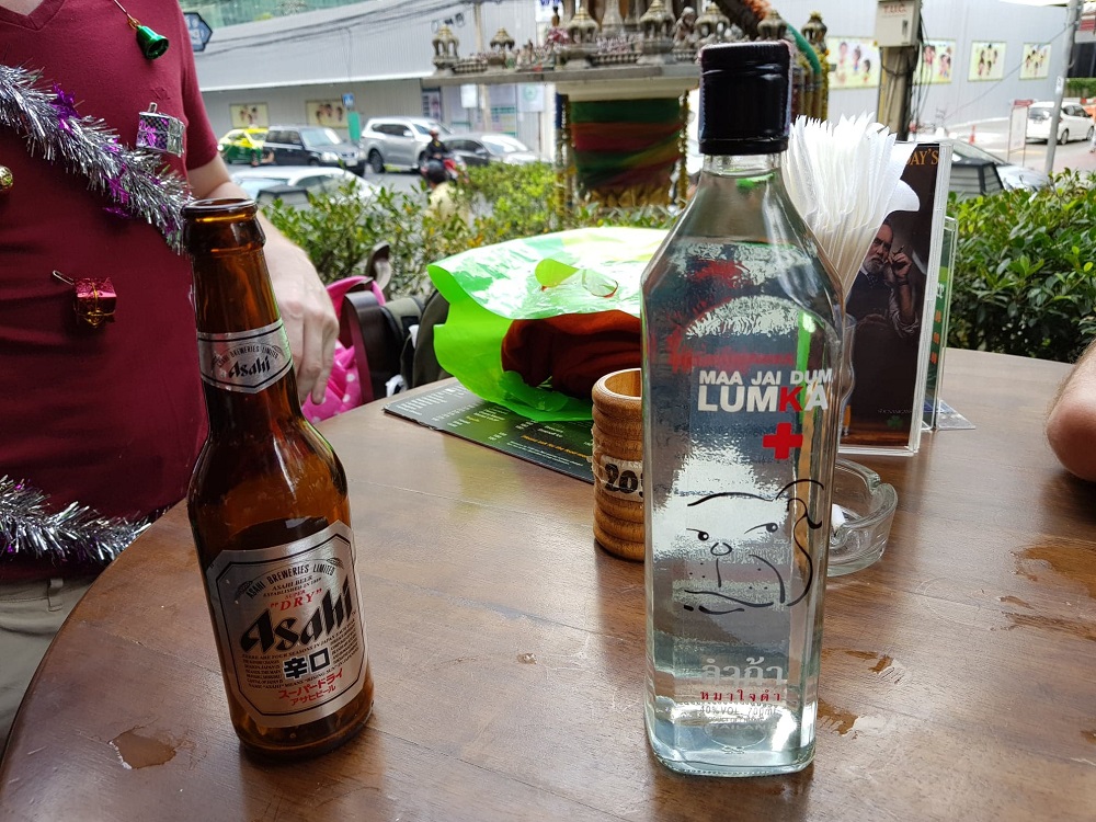 A full bottle of Maa Jai Dum vodka ready to burn throats at Shenanigans in Bangkok.