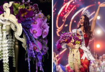 War of the Orchids: Battle Erupts Over Miss Universe Bouquet Catriona Gray holds a bouquet designed by Thai florist Phiyawat Meephaithoon, right, upon winning Miss Universe 2018 on Monday.