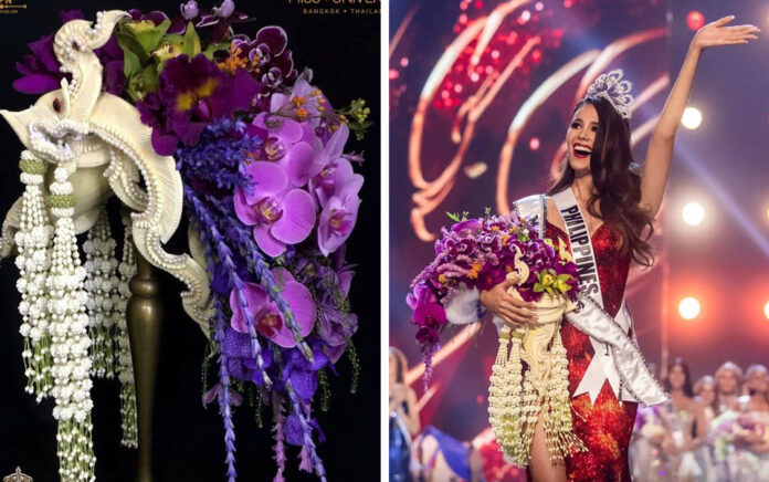 Catriona Gray holds a bouquet designed by Thai florist Phiyawat Meephaithoon, right, upon winning Miss Universe 2018 on Monday. Catriona Gray holds a bouquet designed by Thai florist Phiyawat Meephaithoon, right, upon winning Miss Universe 2018 on Monday.