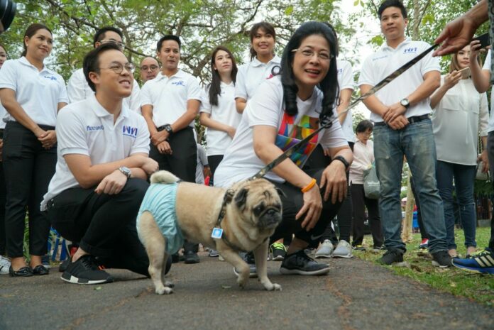 Pheu Thai Party's Sudarat Keyuraphan poses with a dog during a campaign stop Sunday in Bangkok's Bang Kapi district.