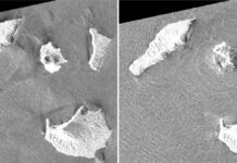 Satellite Images Show Collapse of Indonesian Island Volcano This combination of synthetic aperture radar images taken by JAXA's ALOS-2 satellite and analyzed by Geospatial Information Authority of Japan shows Indonesia's Anak Krakatau volcano, center in images, before and after the Dec. 22, 2018, eruption. Image: Associated Press