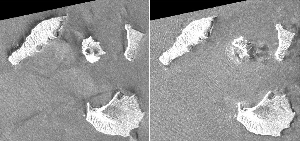 This combination of synthetic aperture radar images taken by JAXA's ALOS-2 satellite and analyzed by Geospatial Information Authority of Japan shows Indonesia's Anak Krakatau volcano, center in images, before and after the Dec. 22, 2018, eruption. Image: Associated Press